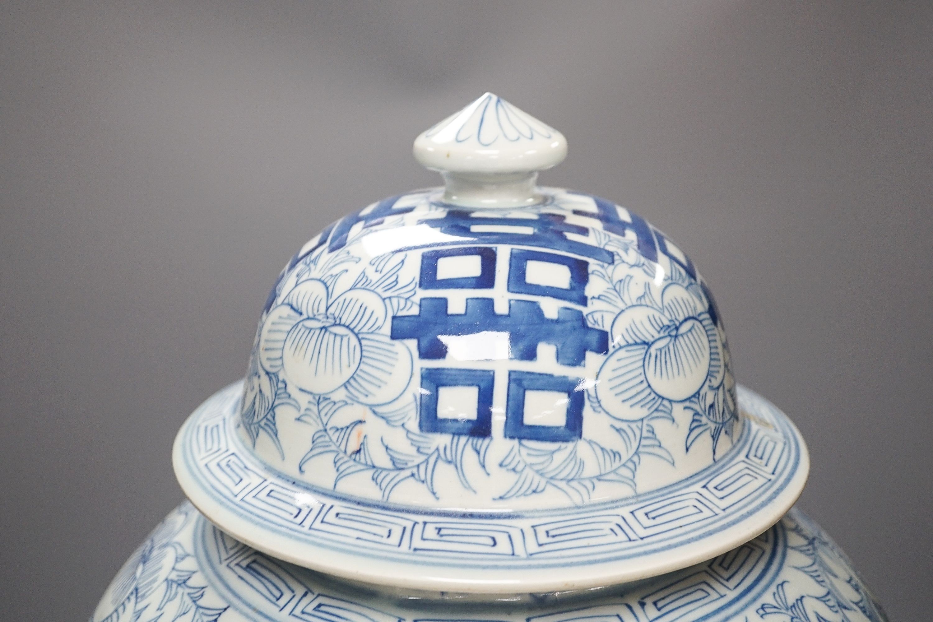 A large 19th century Chinese blue and white ‘Shou’ baluster vase and cover 60cm